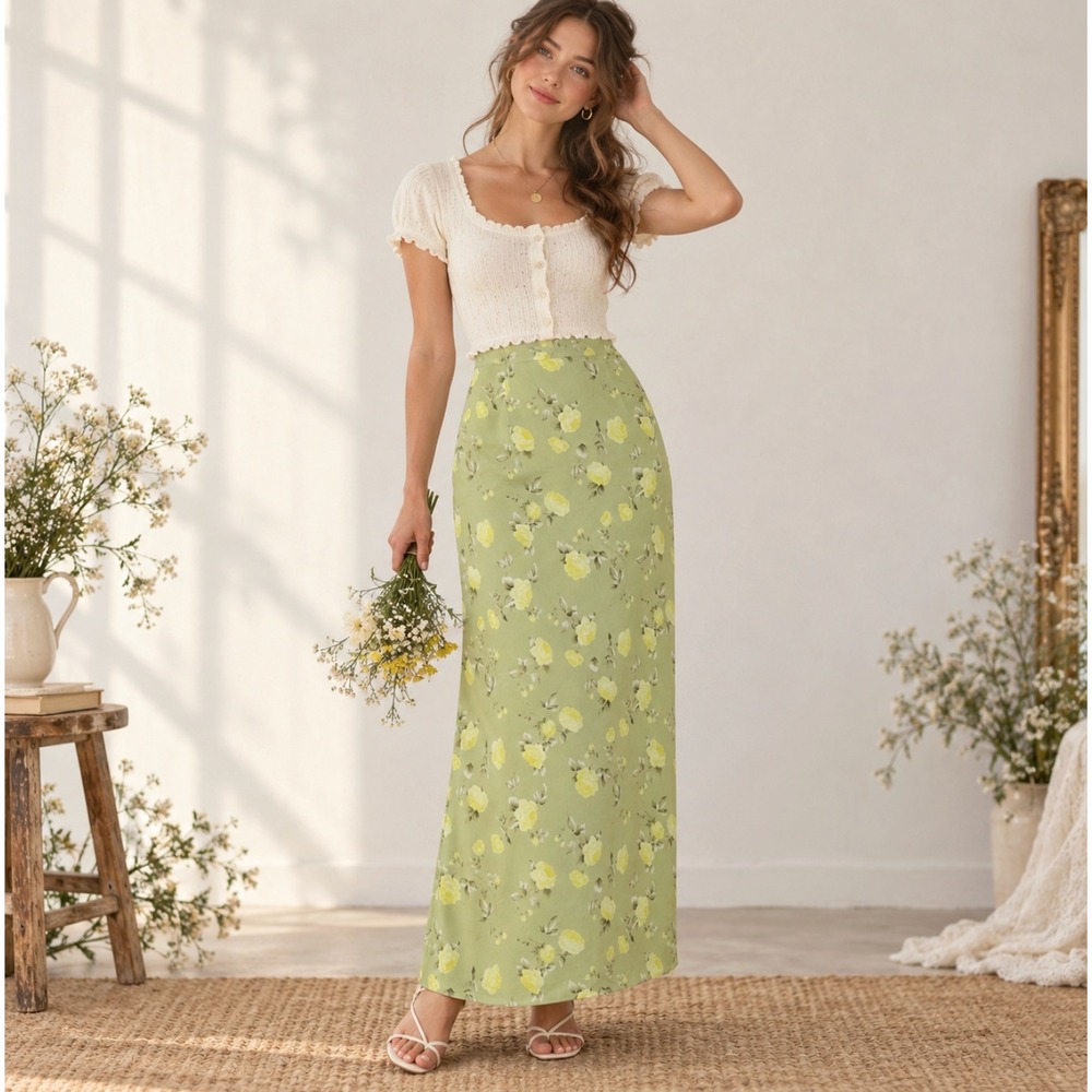 Vintage Old Navy S M Skirt Sage Green Floral Maxi Grunge Y2K Fairy Ethereal
